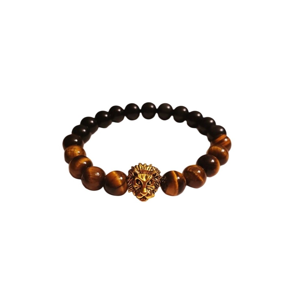 Lion Head Tiger's Eye and Matte Black Onyx Beaded Stretch Bracelet NEW